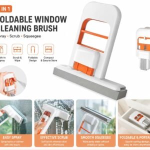2-in-1 foldable window cleaning brush with built-in spray bottle, scrubber and squeegee for easy glass and window cleaning.